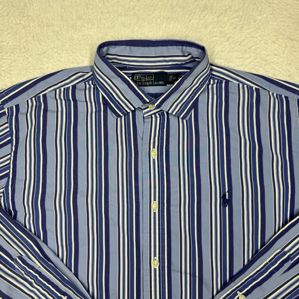 Vintage‎ Polo Ralph Lauren Shirt Button Preppy Blue Striped Men's Size XL